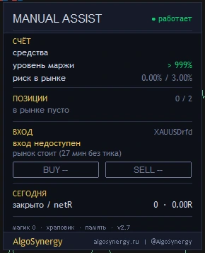 Панель ManualAssist: счёт, позиции, блок входа с кнопками BUY и SELL, итог за сегодня. Снимок сделан при закрытом рынке - кнопки неактивны, сумма на счёте скрыта